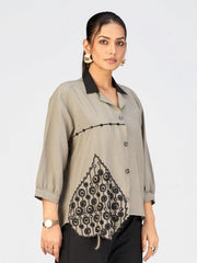 Chic Beige Embroidered Shirt-Style Top with Black Leaf Appliqué for Women