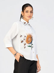 Elegant White Sunflower Embroidered Shirt for Women
