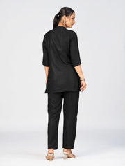 Black Linen Poly Puzzle Embroidered Kurti Pant Set for Women