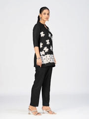 Black Linen Poly Puzzle Embroidered Kurti Pant Set for Women