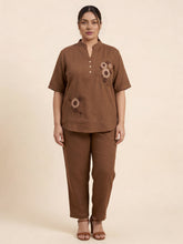 Women’s Brown Linen Co-Ord Set with Tufting & Embroidery | Stylish Top & Bottom Set
