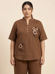 Women’s Brown Linen Co-Ord Set with Tufting & Embroidery | Stylish Top & Bottom Set
