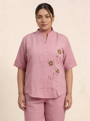 Women's Butterfly design Pink Linen Co-Ord with Embroidery Work
