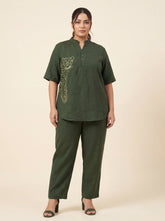 Women’s Green Linen Co-Ord Set with Tufting & Embroidery