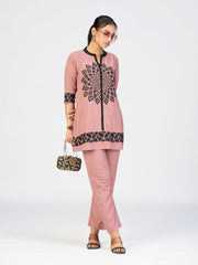 Dusty Rose Mandala Kurta Set – Contrast Trim, Straight Pants