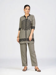 Grey & Black Geometric Embroidered Kurti Pant Set for Women
