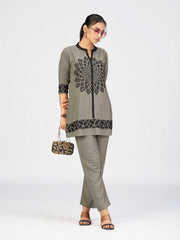Grey & Black Geometric Embroidered Kurti Pant Set for Women