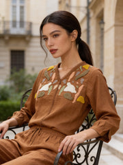 Premium imported linen fabric texture of embroidered women’s top