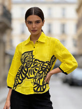 Women’s yellow embroidered imported linen relaxed fit shirt front view