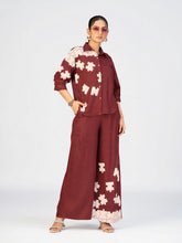 Maroon Linen Poly Co-Ord Set with Puzzle Embroidery Design for Women