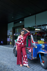 Maroon Puzzle‑Print Co‑ord Set – Relaxed Shirt & Wide‑Leg Pants