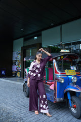 Maroon Puzzle‑Print Co‑ord Set – Relaxed Shirt & Wide‑Leg Pants