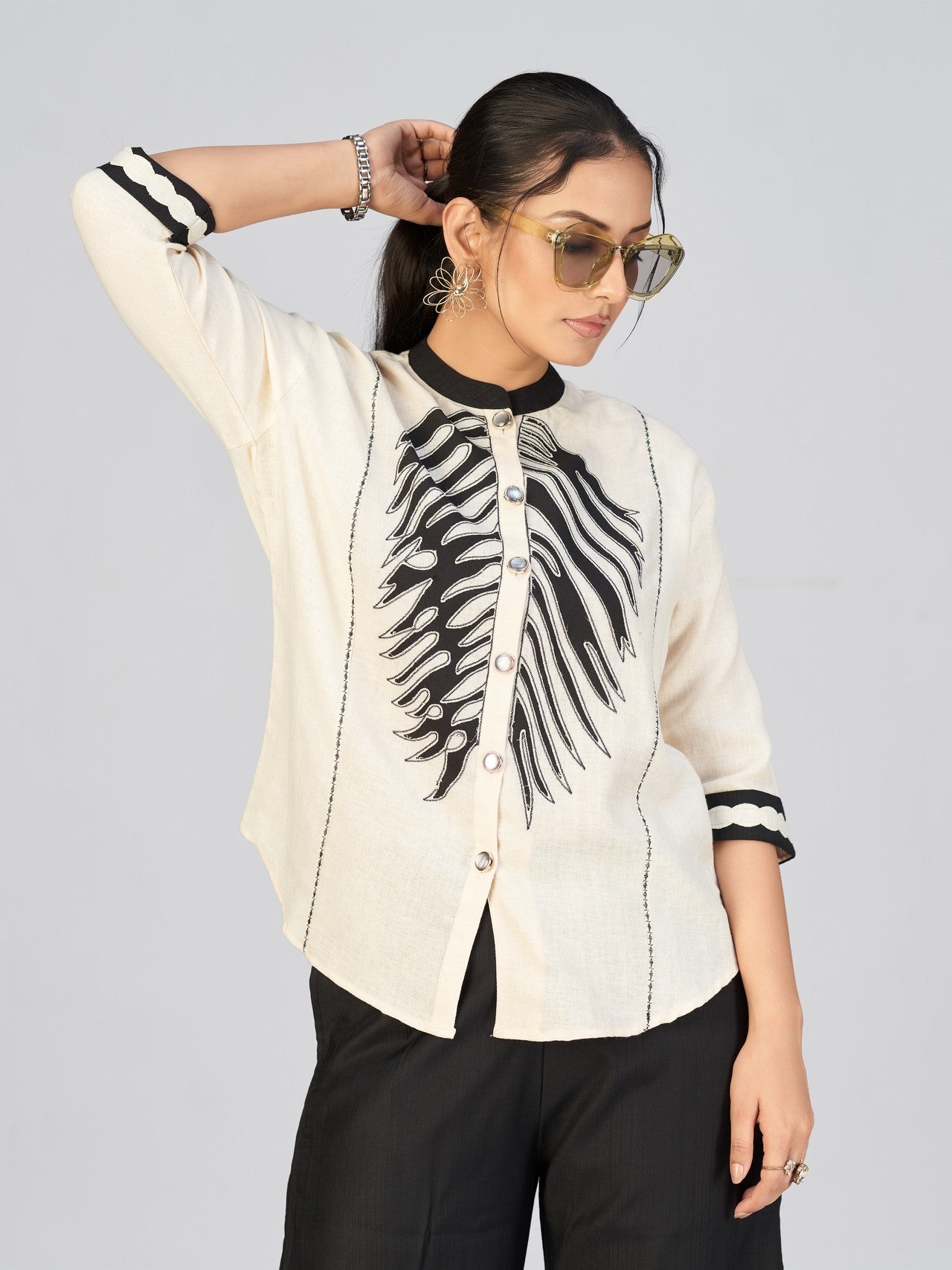Elegant Cream & Black Women’s Embroidered Linen Blend Shirt