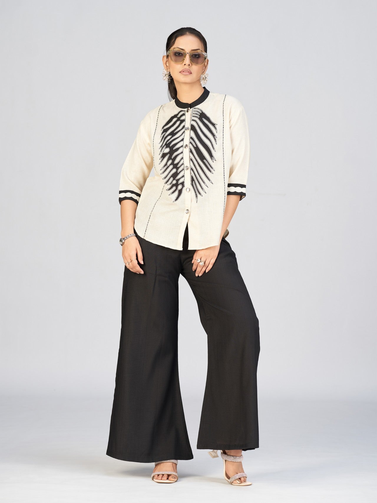 Elegant Cream & Black Women’s Embroidered Linen Blend Shirt