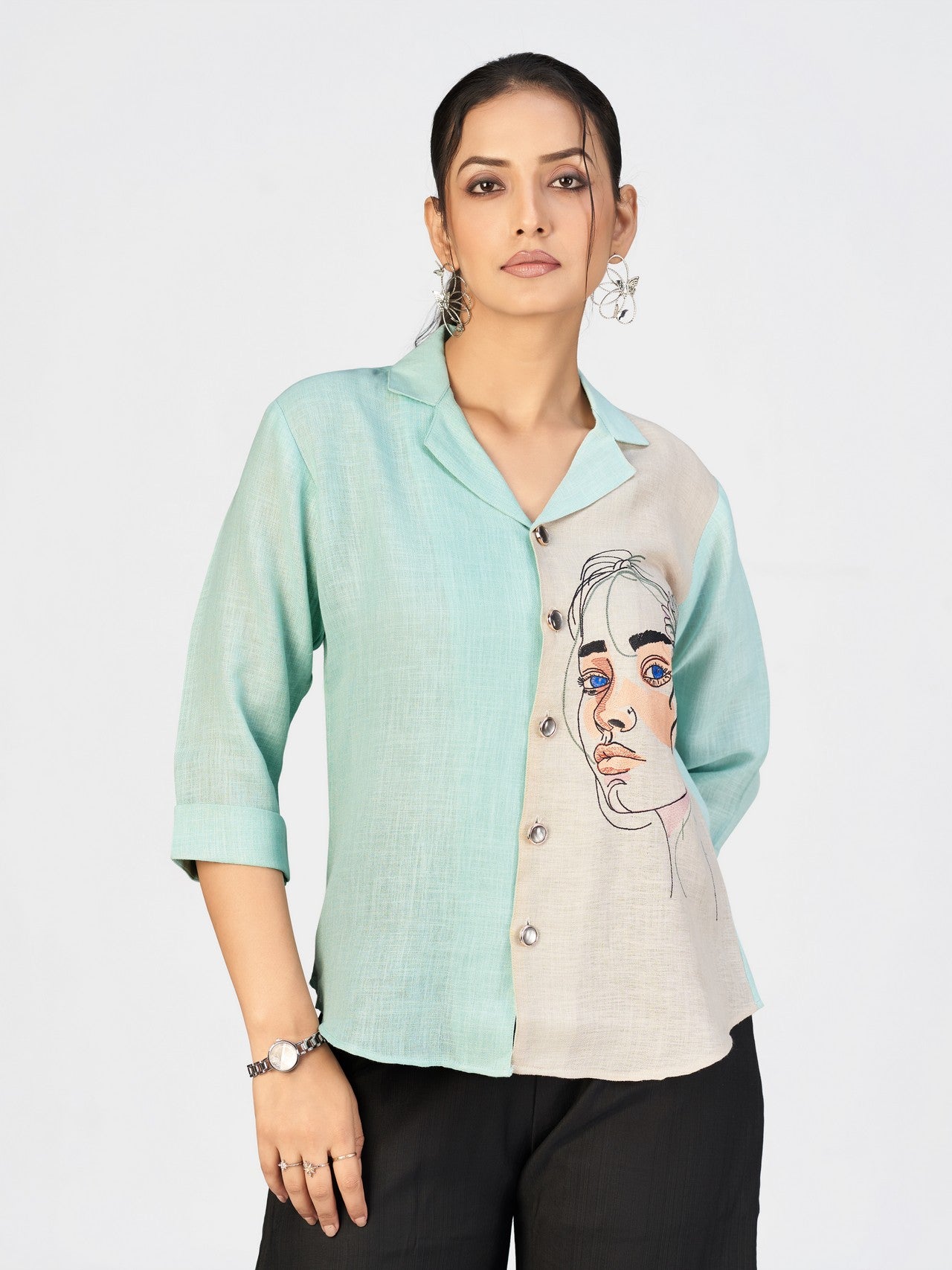 Women’s Sea Green & Beige Face Sketch Embroidered Linen Blend Shirt
