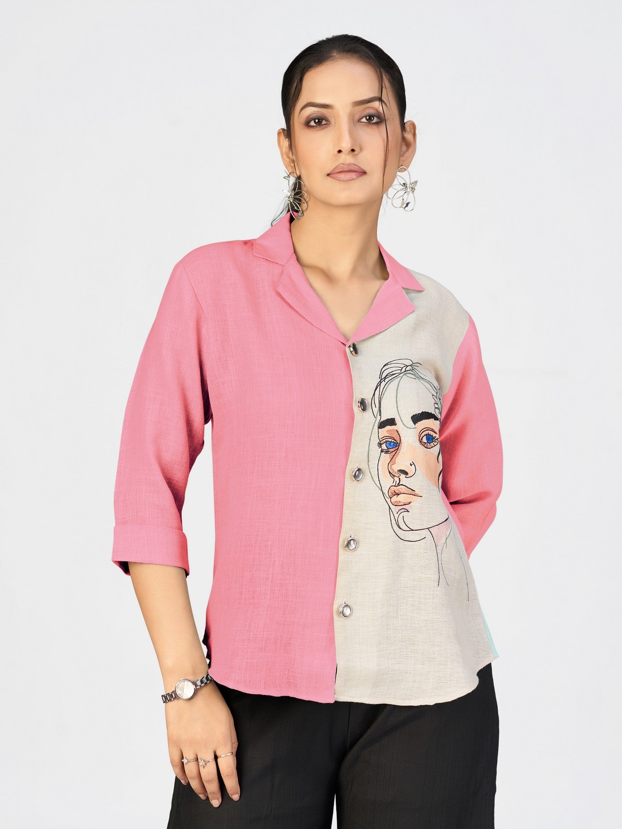 Women’s Sea Green & Beige Face Sketch Embroidered Linen Blend Shirt