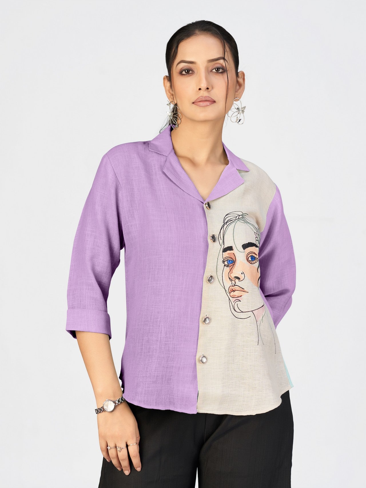 Women’s Sea Green & Beige Face Sketch Embroidered Linen Blend Shirt