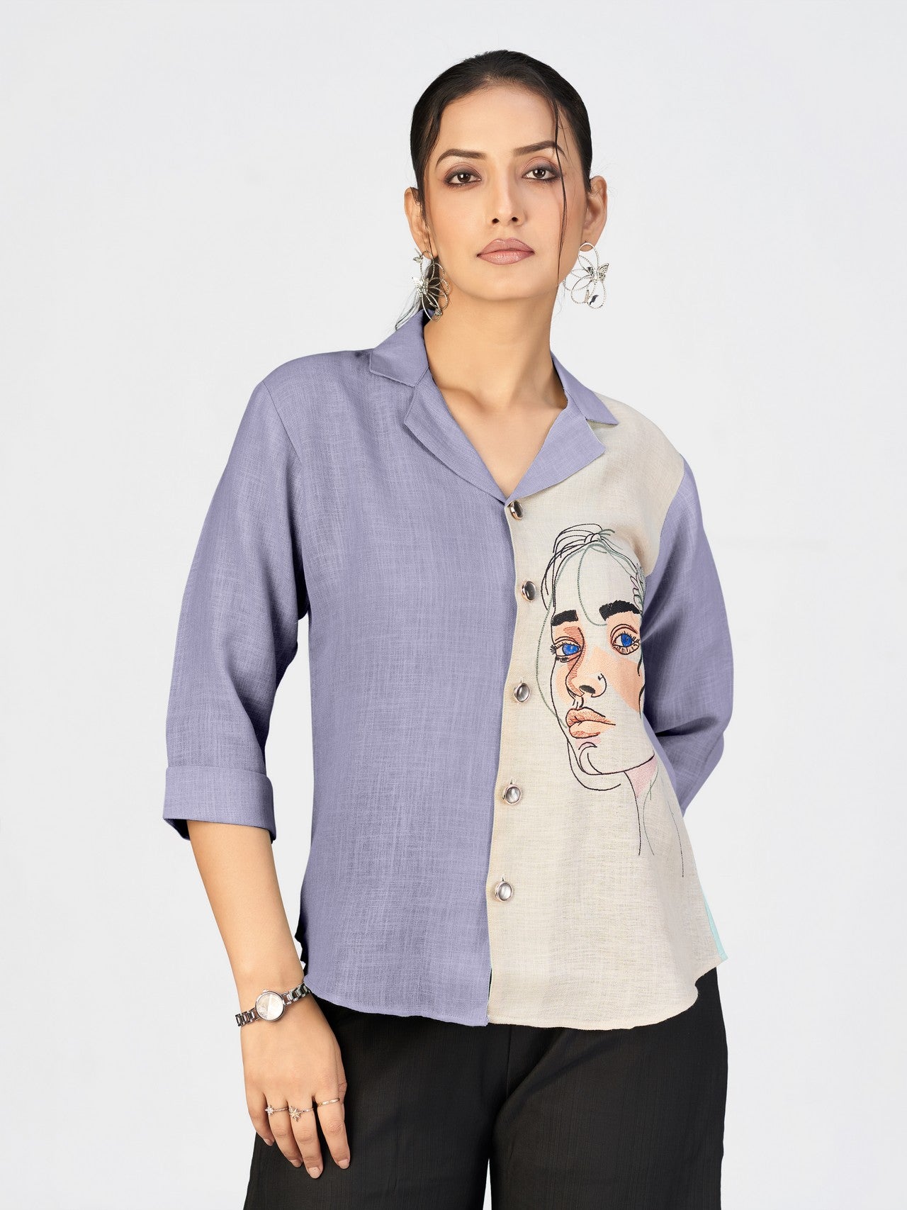 Women’s Sea Green & Beige Face Sketch Embroidered Linen Blend Shirt