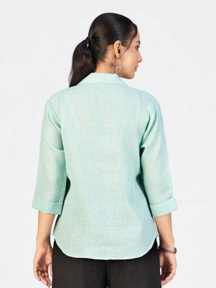 Women’s Sea Green & Beige Face Sketch Embroidered Linen Blend Shirt