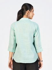 Women’s Sea Green & Beige Face Sketch Embroidered Linen Blend Shirt