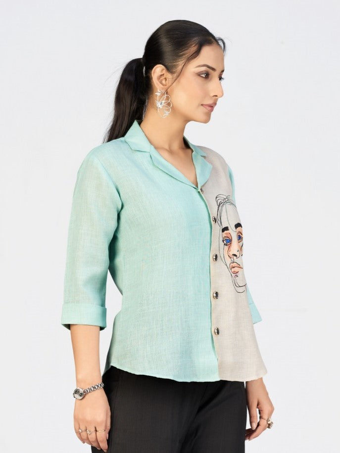Women’s Sea Green & Beige Face Sketch Embroidered Linen Blend Shirt