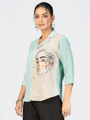 Women’s Sea Green & Beige Face Sketch Embroidered Linen Blend Shirt