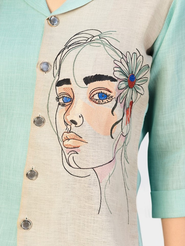 Women’s Sea Green & Beige Face Sketch Embroidered Linen Blend Shirt