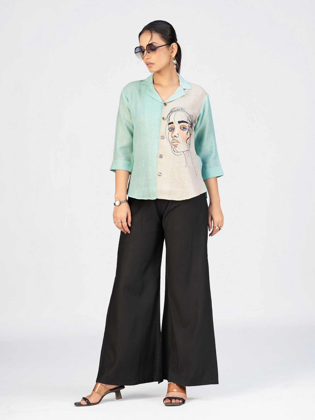 Women’s Sea Green & Beige Face Sketch Embroidered Linen Blend Shirt