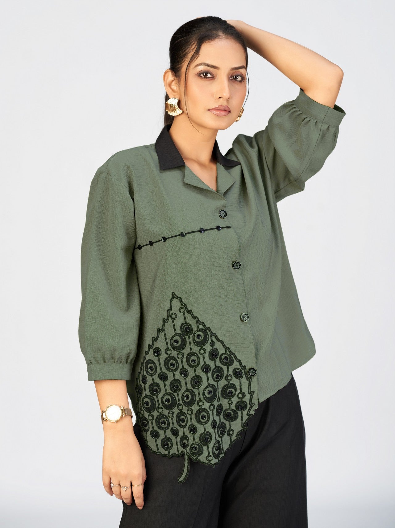 Chic Beige Embroidered Shirt-Style Top with Black Leaf Appliqué for Women