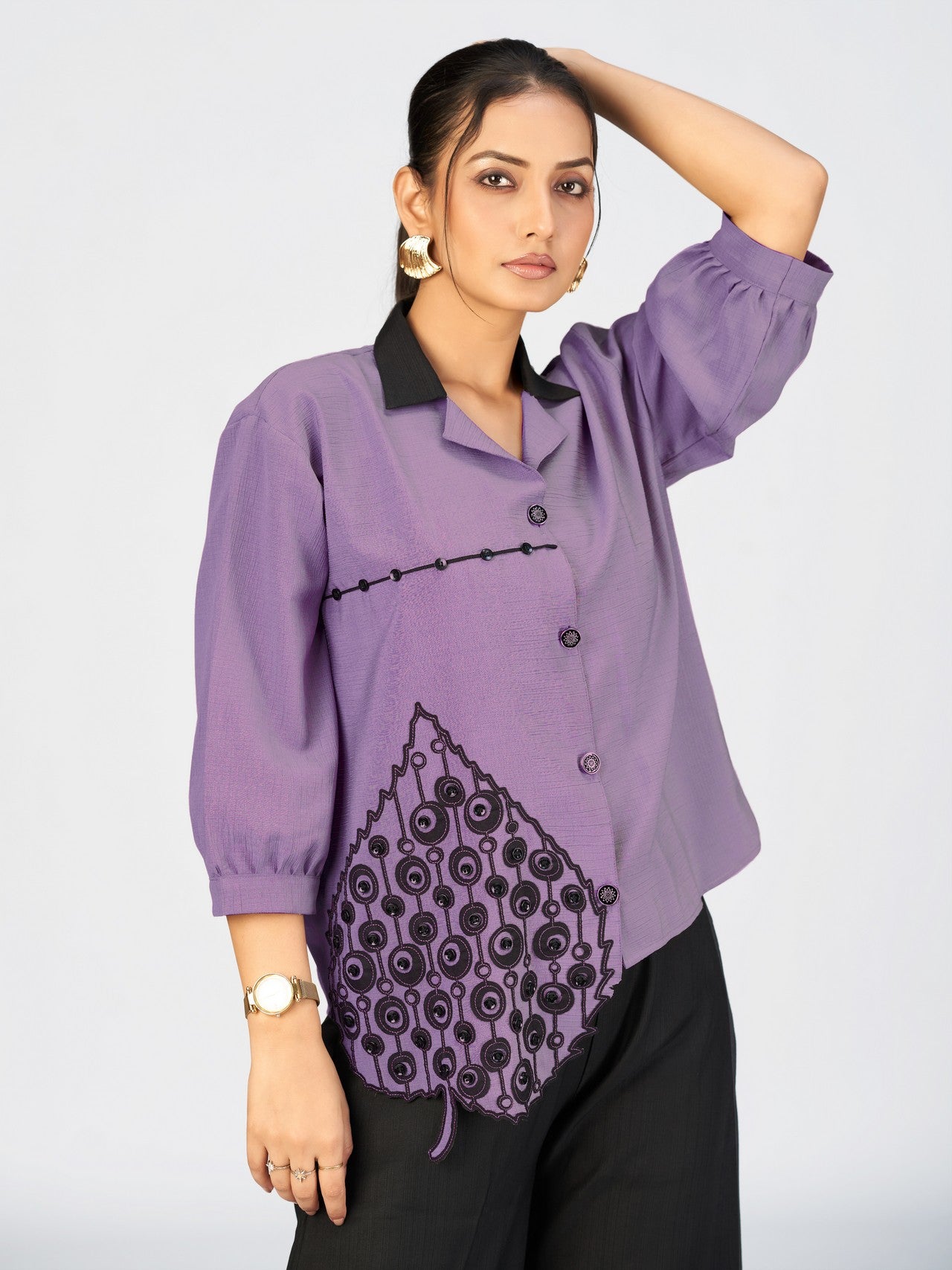 Chic Beige Embroidered Shirt-Style Top with Black Leaf Appliqué for Women