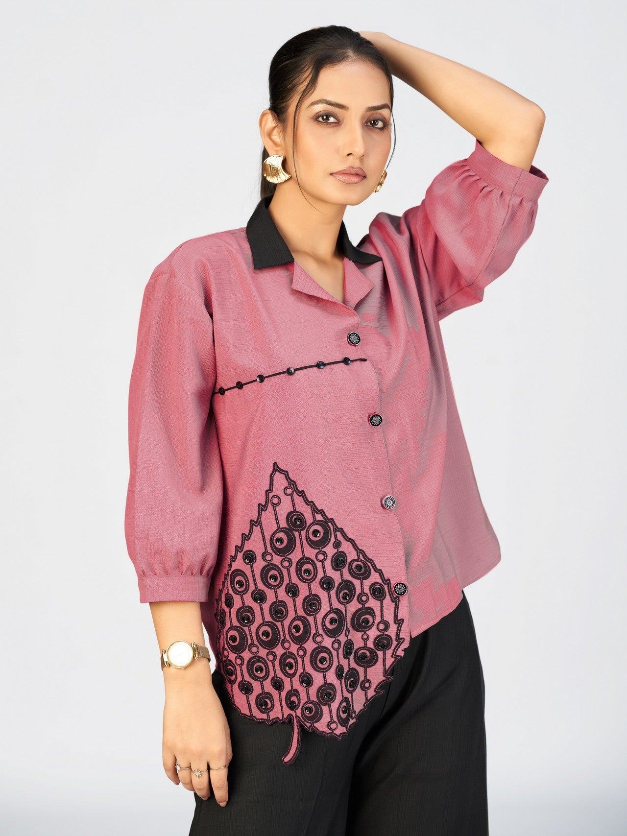 Chic Beige Embroidered Shirt-Style Top with Black Leaf Appliqué for Women