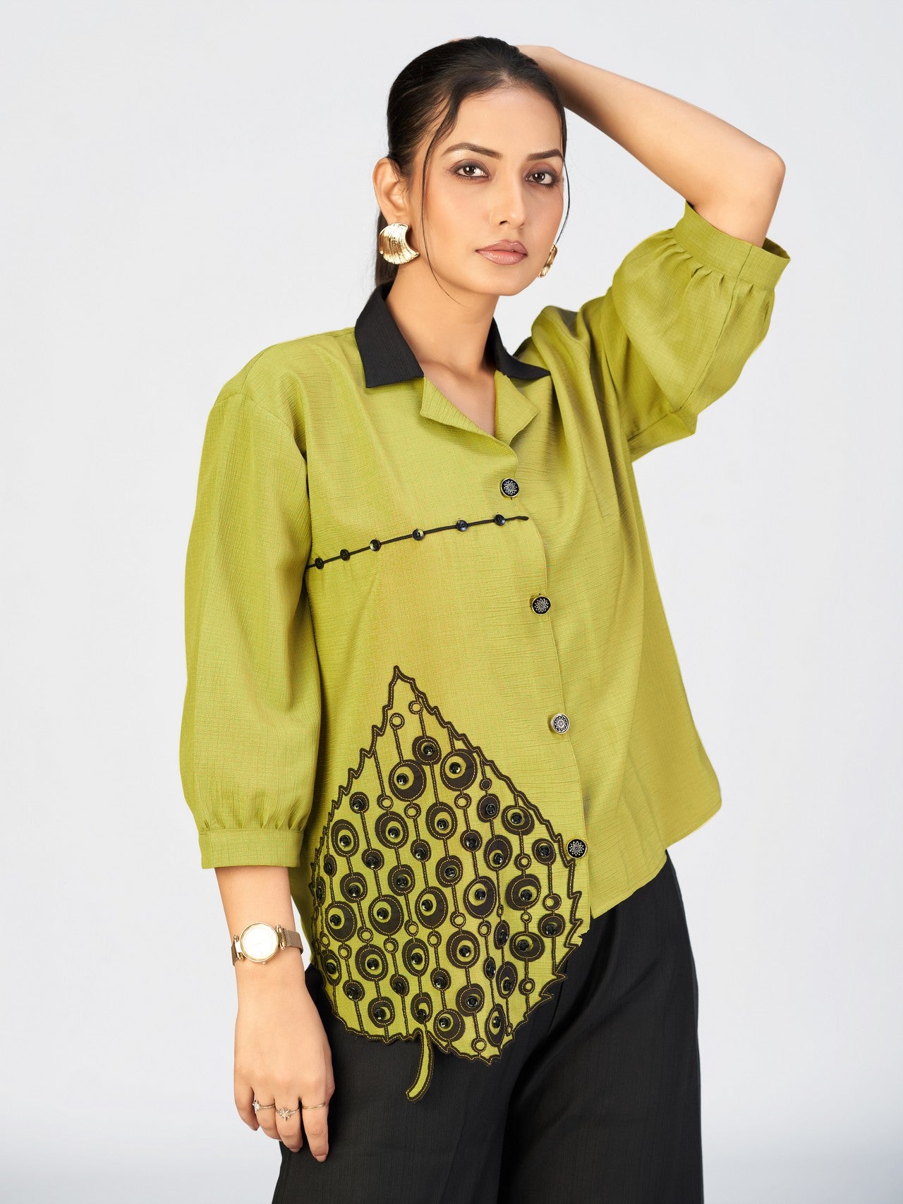 Chic Beige Embroidered Shirt-Style Top with Black Leaf Appliqué for Women