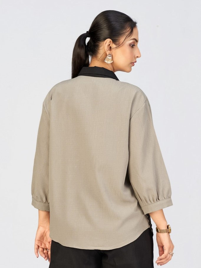 Chic Beige Embroidered Shirt-Style Top with Black Leaf Appliqué for Women