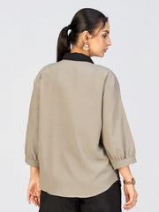 Chic Beige Embroidered Shirt-Style Top with Black Leaf Appliqué for Women