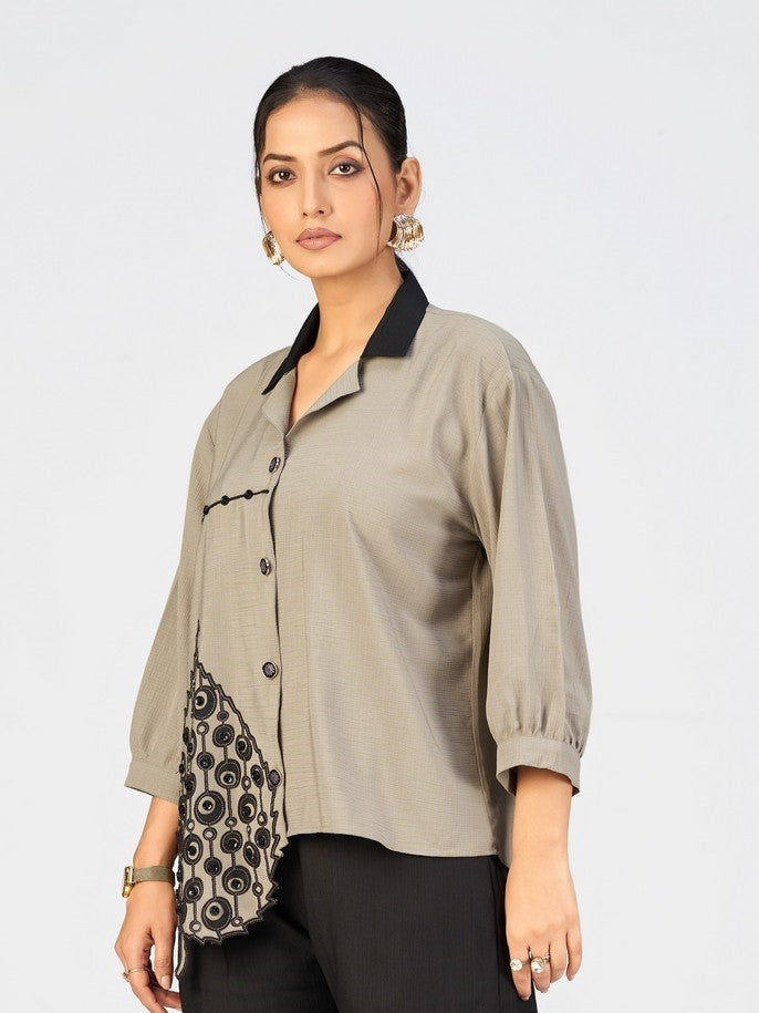 Chic Beige Embroidered Shirt-Style Top with Black Leaf Appliqué for Women