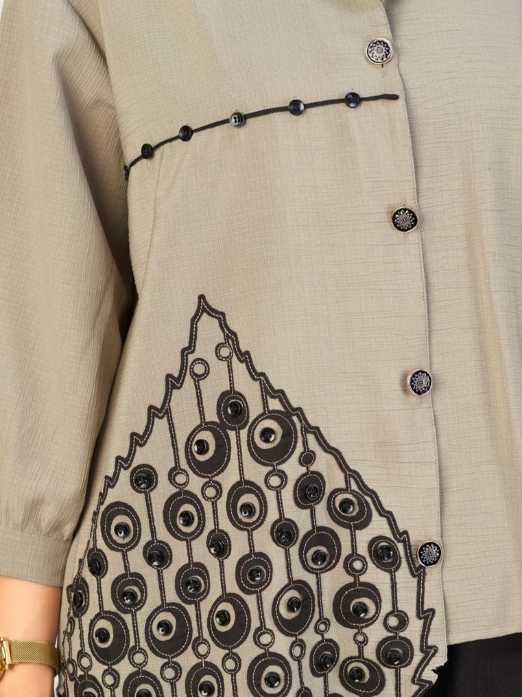 Chic Beige Embroidered Shirt-Style Top with Black Leaf Appliqué for Women