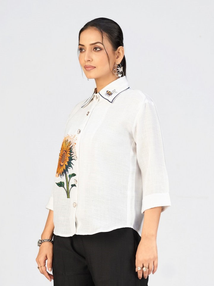 Elegant White Sunflower Embroidered Shirt for Women