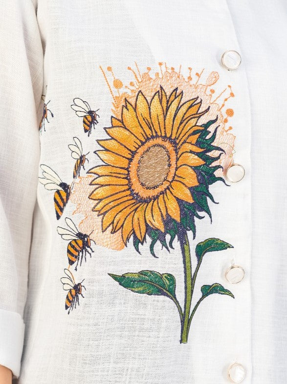 Elegant White Sunflower Embroidered Shirt for Women