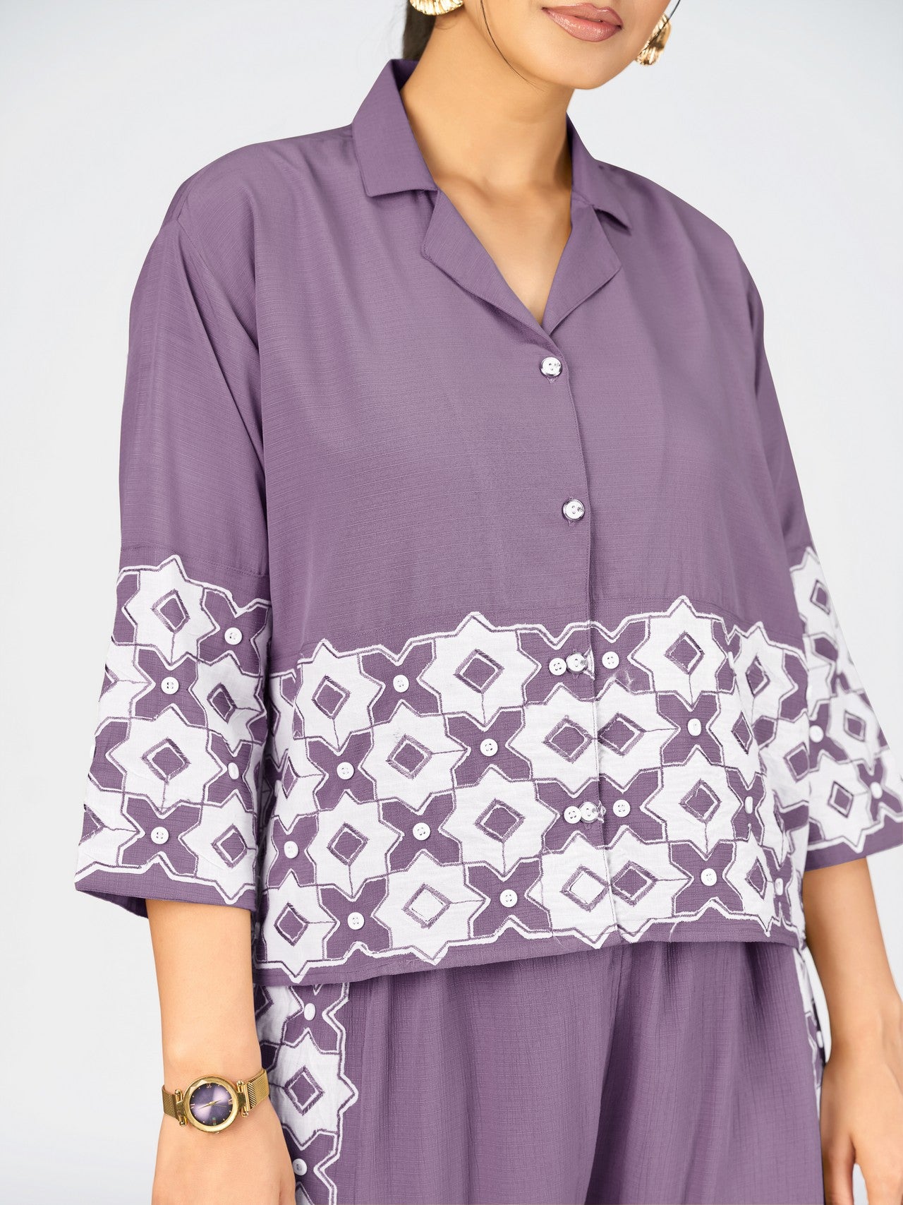 Women’s Purple Linen Poly Geometric Embroidered Co-Ord Set