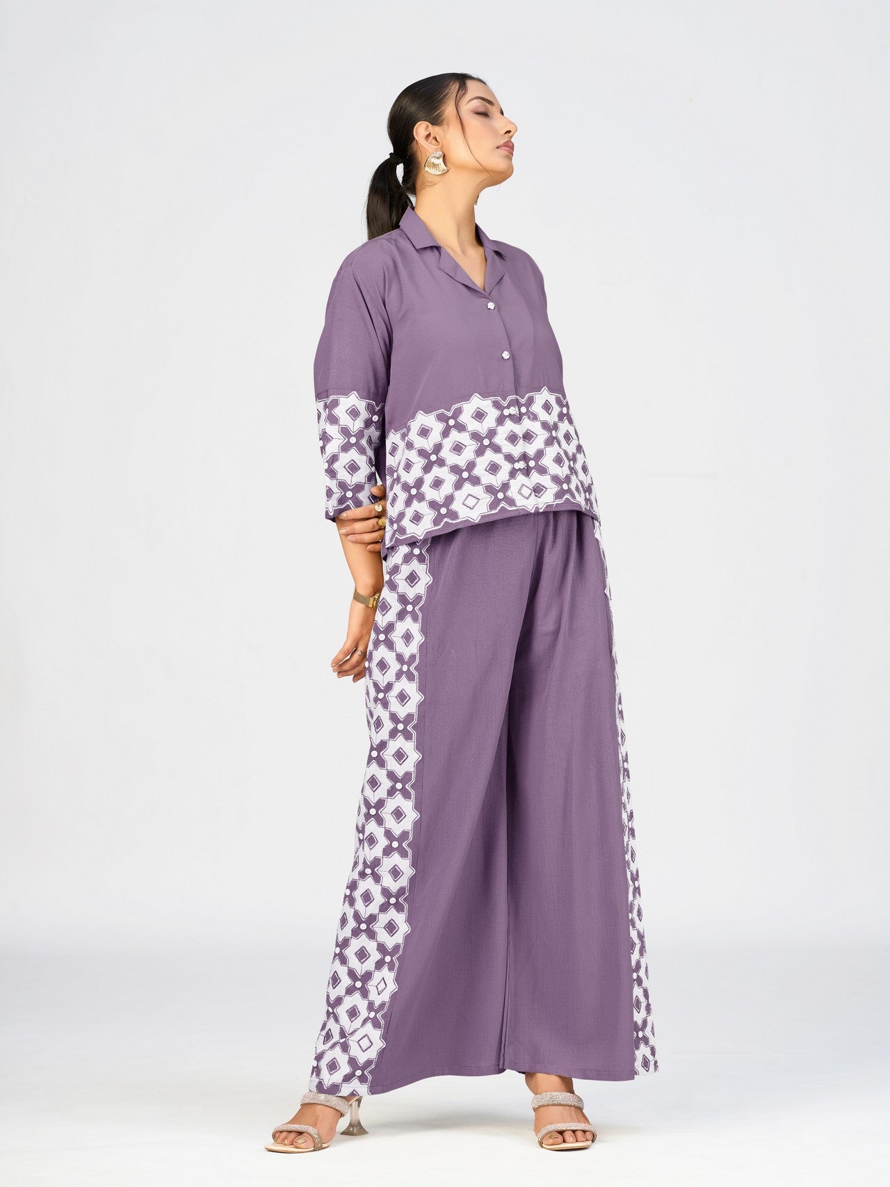 Women’s Purple Linen Poly Geometric Embroidered Co-Ord Set