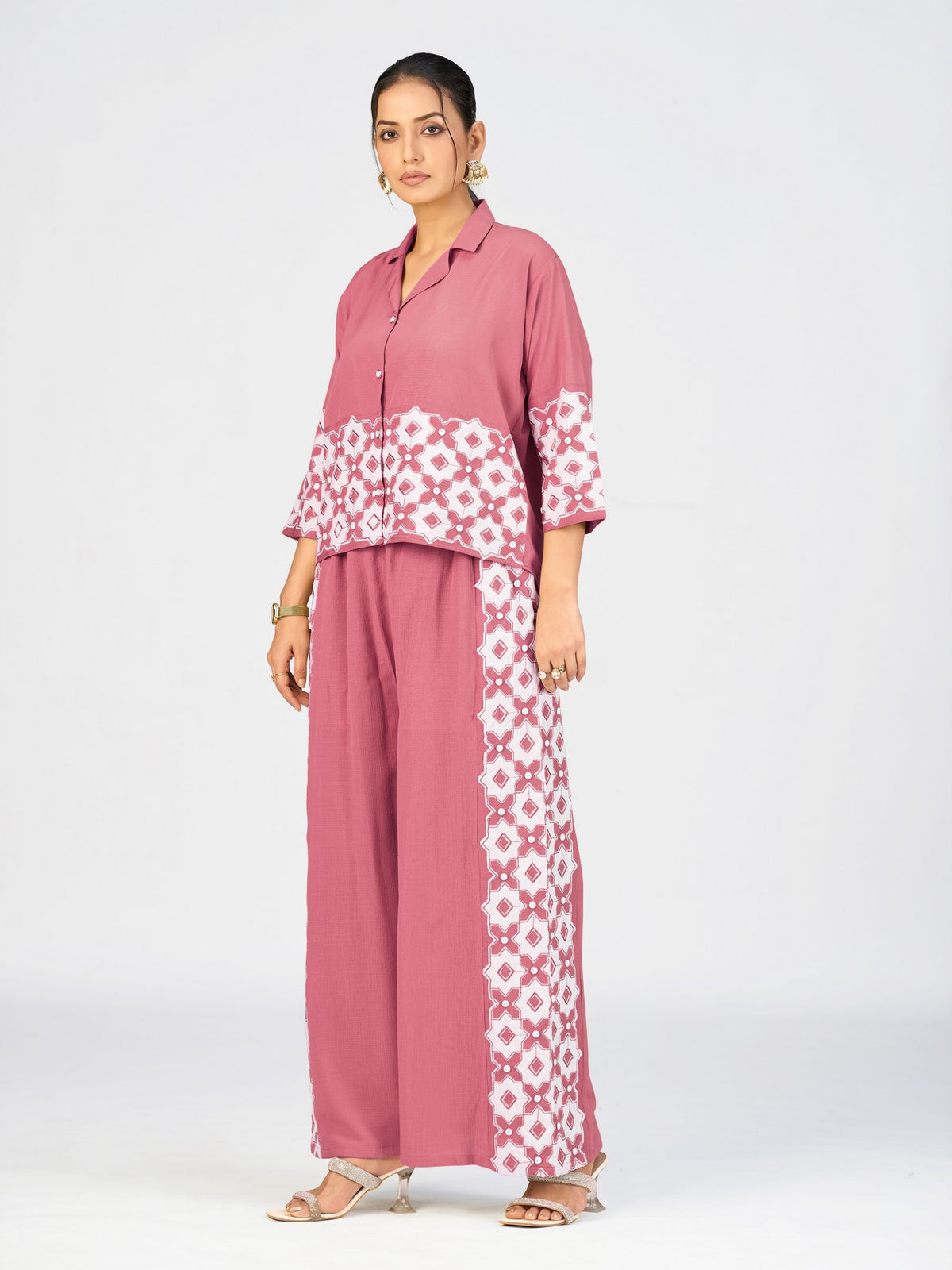 Women’s Purple Linen Poly Geometric Embroidered Co-Ord Set