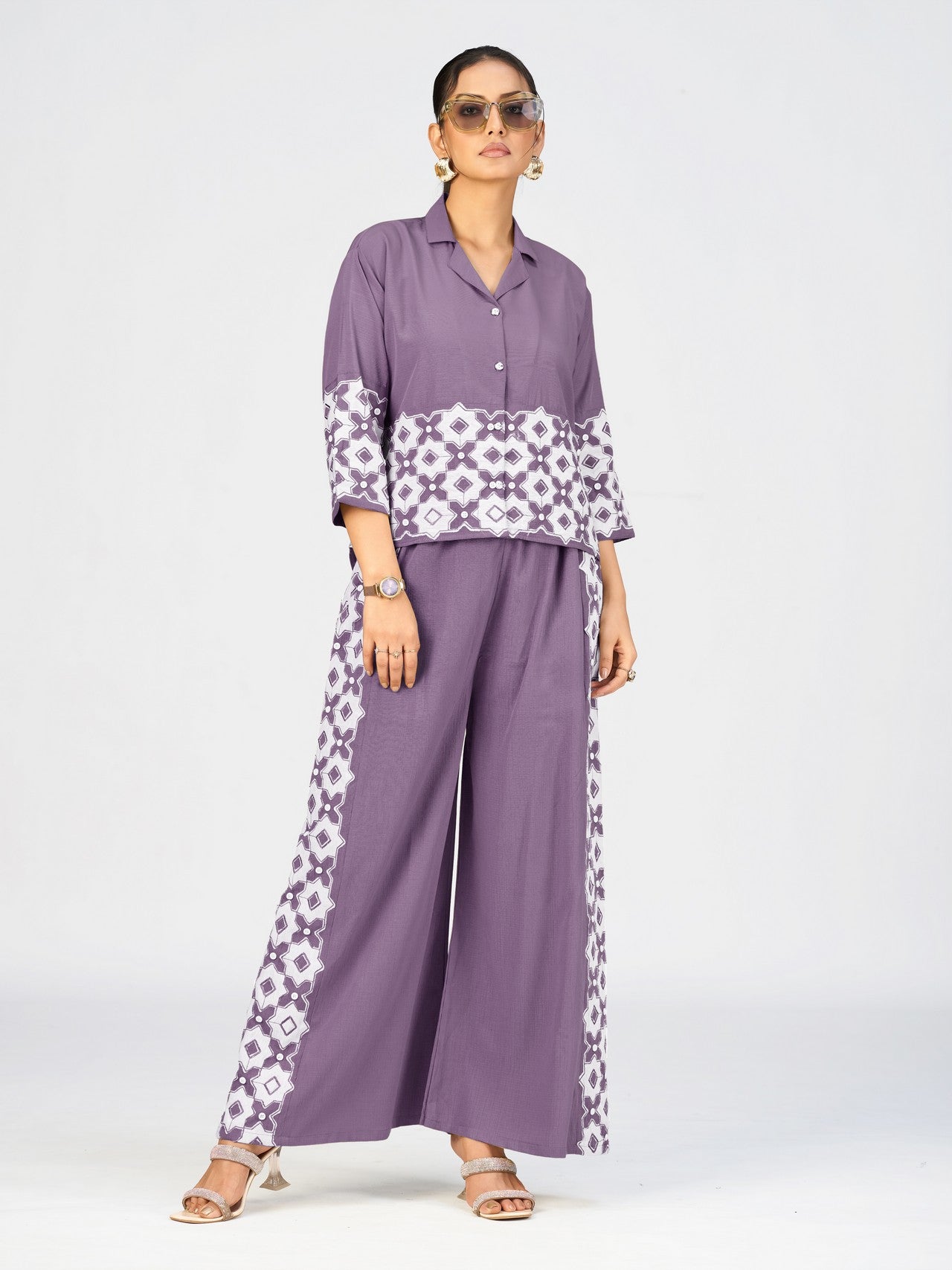 Women’s Purple Linen Poly Geometric Embroidered Co-Ord Set