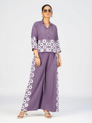 Women’s Purple Linen Poly Geometric Embroidered Co-Ord Set