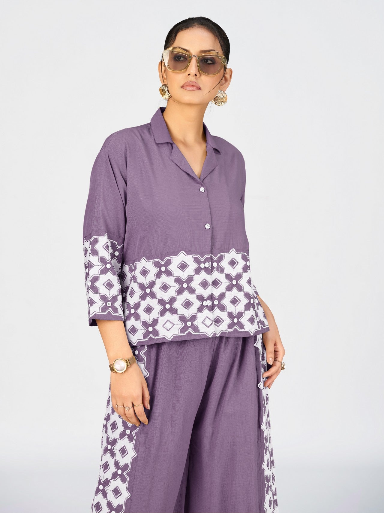 Women’s Purple Linen Poly Geometric Embroidered Co-Ord Set