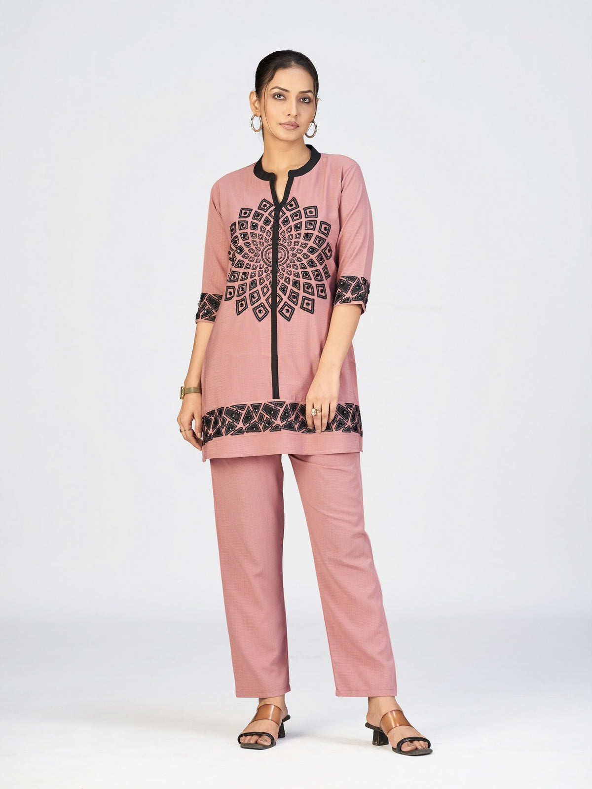 Grey & Black Geometric Embroidered Kurti Pant Set for Women
