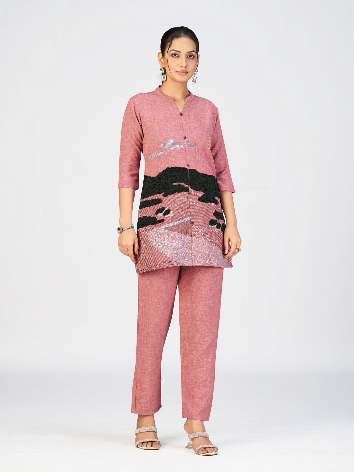 Elegant Pink Textured Kurti with Scenic Embroidered Design for Women
