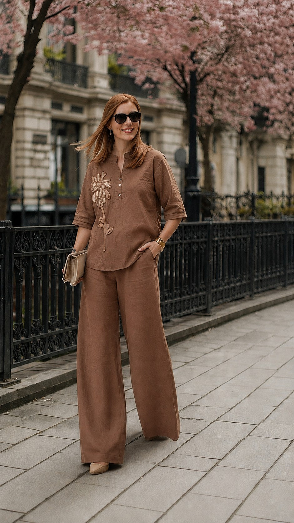 Women's Embroidered Co-Ord Set with Floral Applique Detail & Relaxed Fit