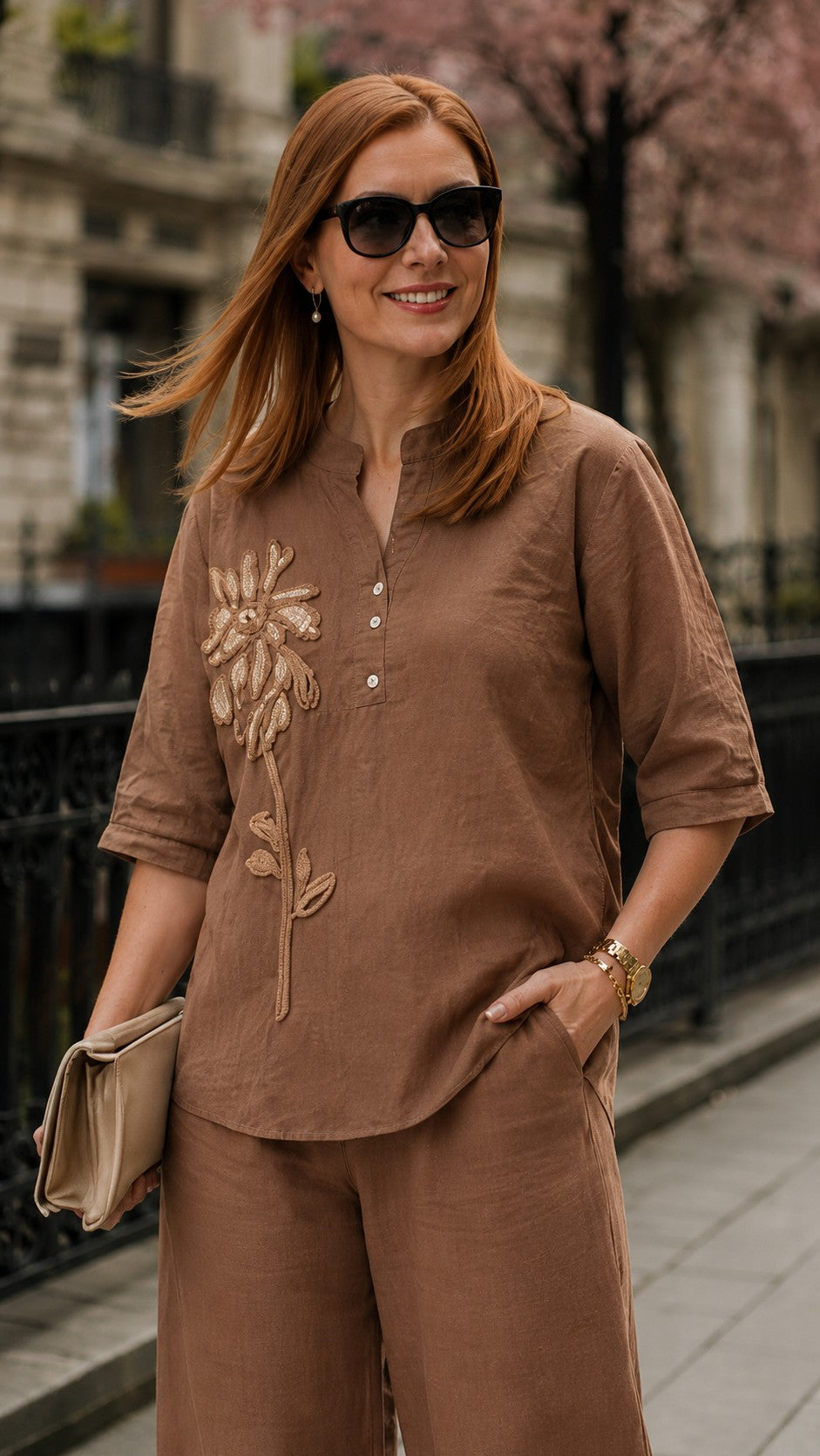Women's Embroidered Co-Ord Set with Floral Applique Detail & Relaxed Fit