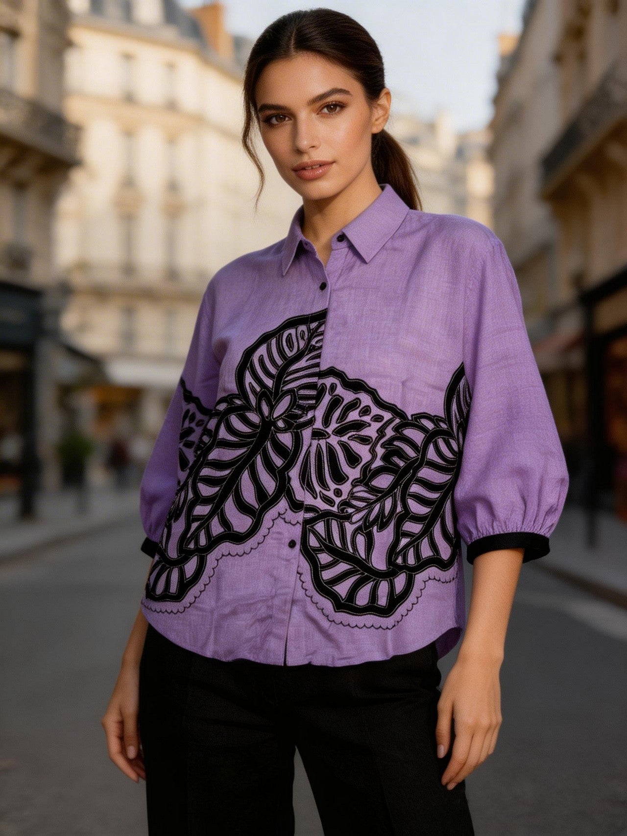 Yellow Embroidered Linen Shirt for Women | Relaxed Fit