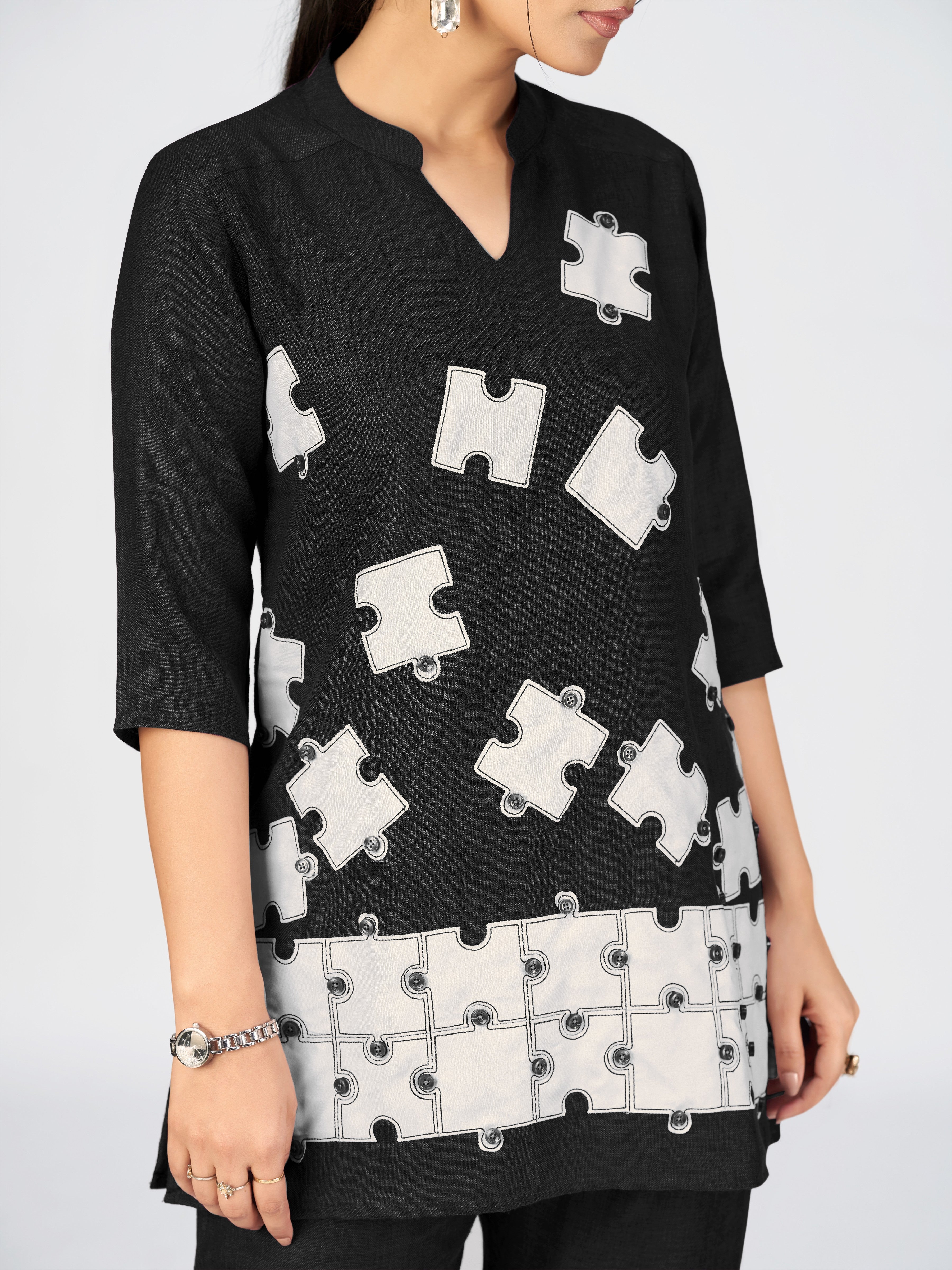 Black Linen Poly Puzzle Embroidered Kurti Pant Set for Women
